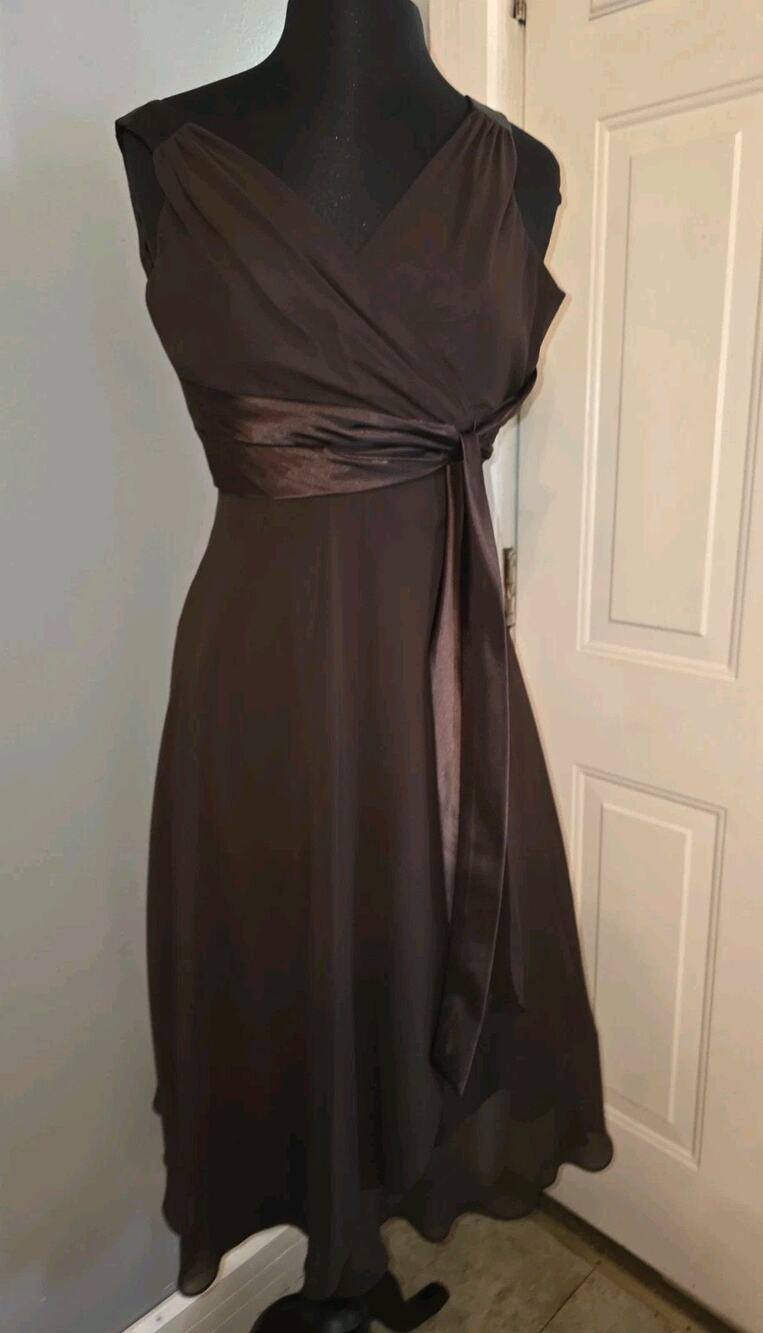 Vtg Y2K Jones Wear Chocolate Brown Fit & Flare Maxi Dress Chiffon Satin Sash 6
